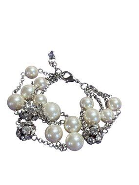 4 Strand Faux Pearl Rhinestone Beaded Silvertone Chain Bracelet Lobster Clasp